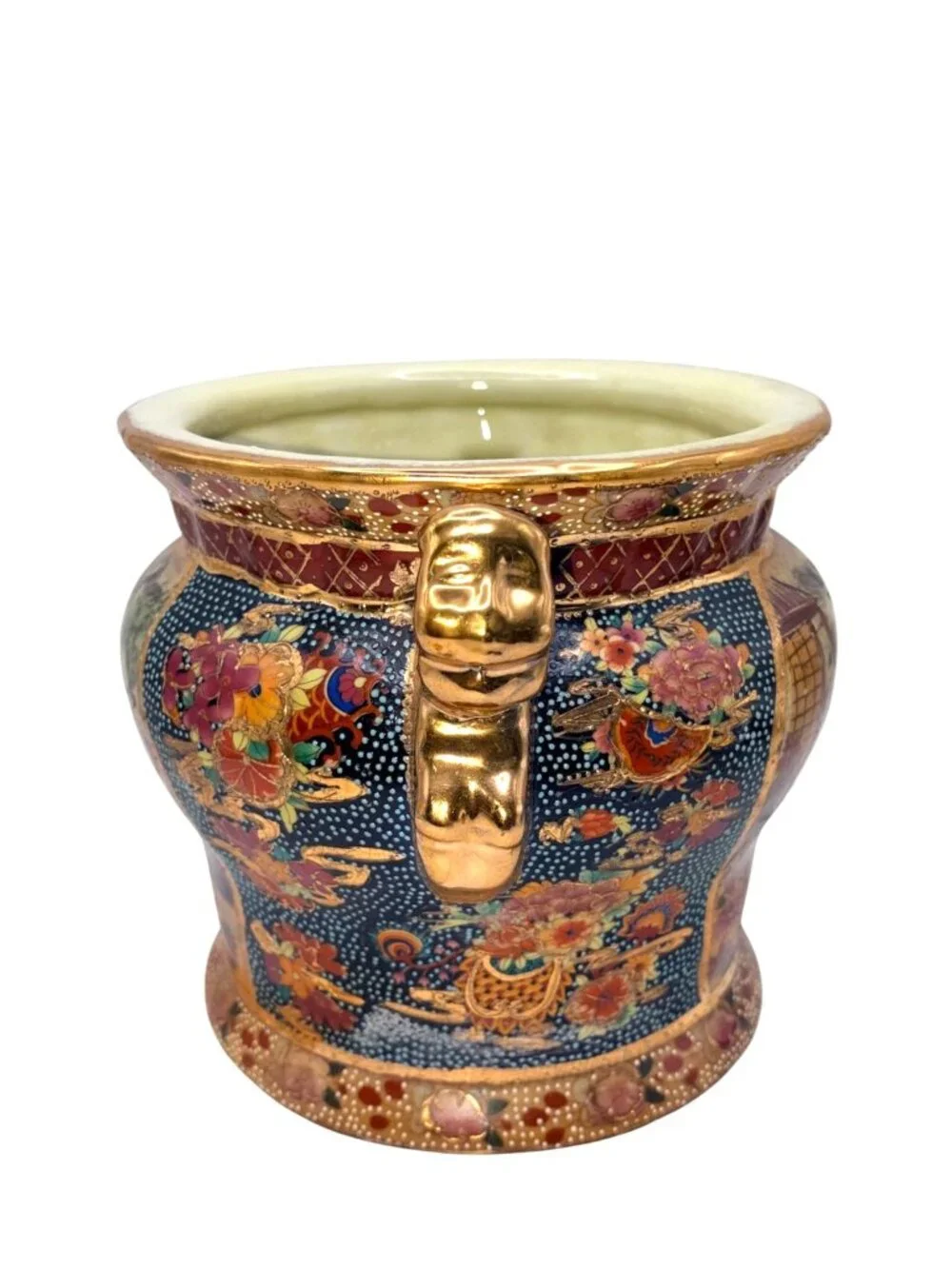 Vintage Royal Satsuma Moriage Cachepot Planter Jardiniere Lion Handles